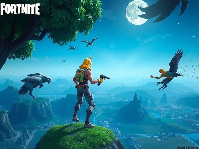 Fortnite gameplay scene with characters and landscape