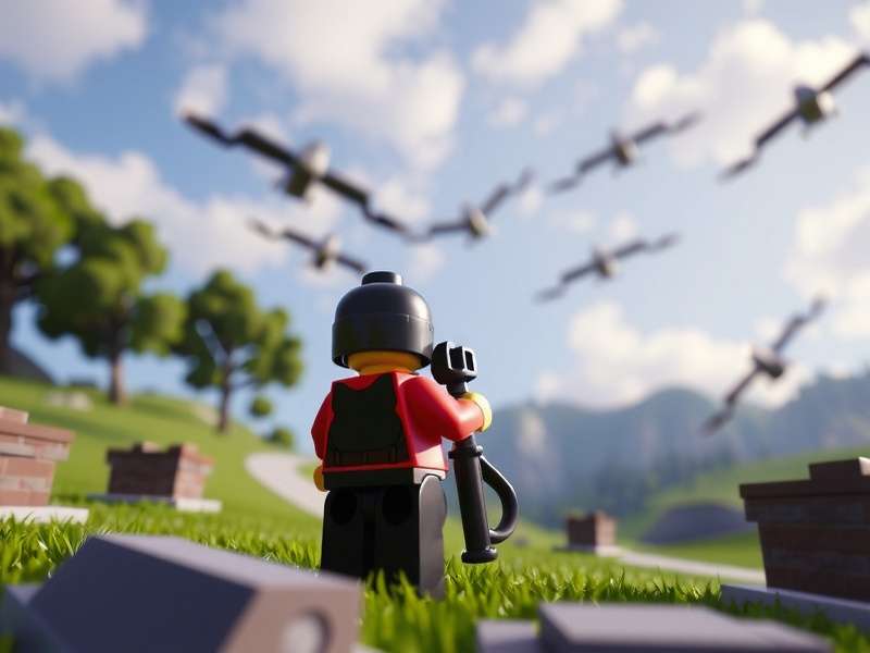 LEGO Fortnite gameplay trailer screenshot showing characters and build with dramatic music notes overlay