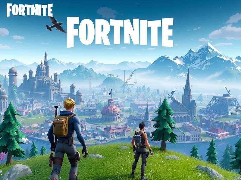Fortnite Battle Royale Island panoramic view with drop zones and landmarks